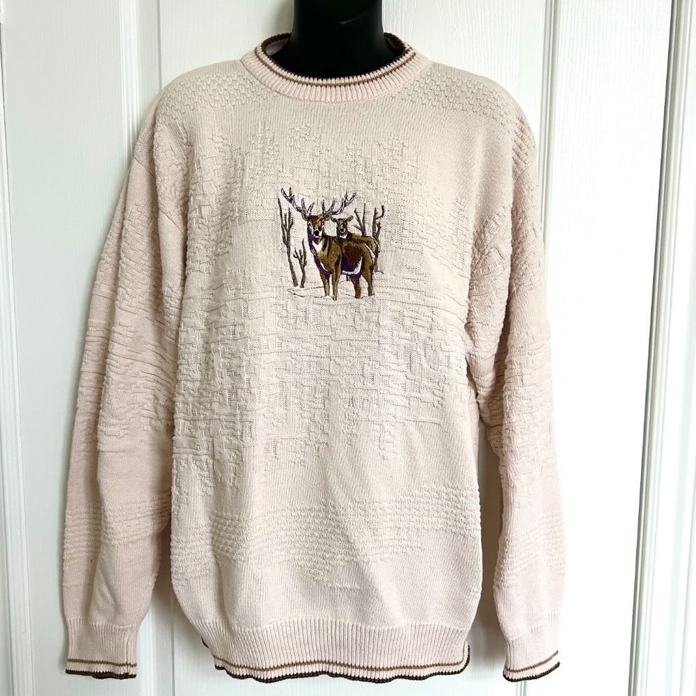 Men's Crewneck Sweater with Deer Motif - Cream